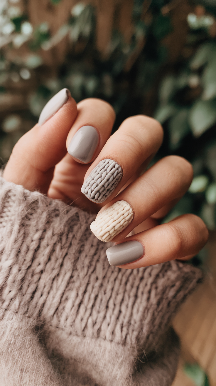 A close-up of cozy sweater nails featuring a mix of textured and smooth nail designs.