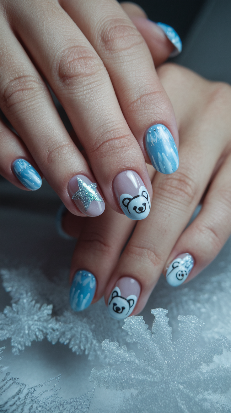 Cute winter nail design featuring polar bear art and pastel blue colors