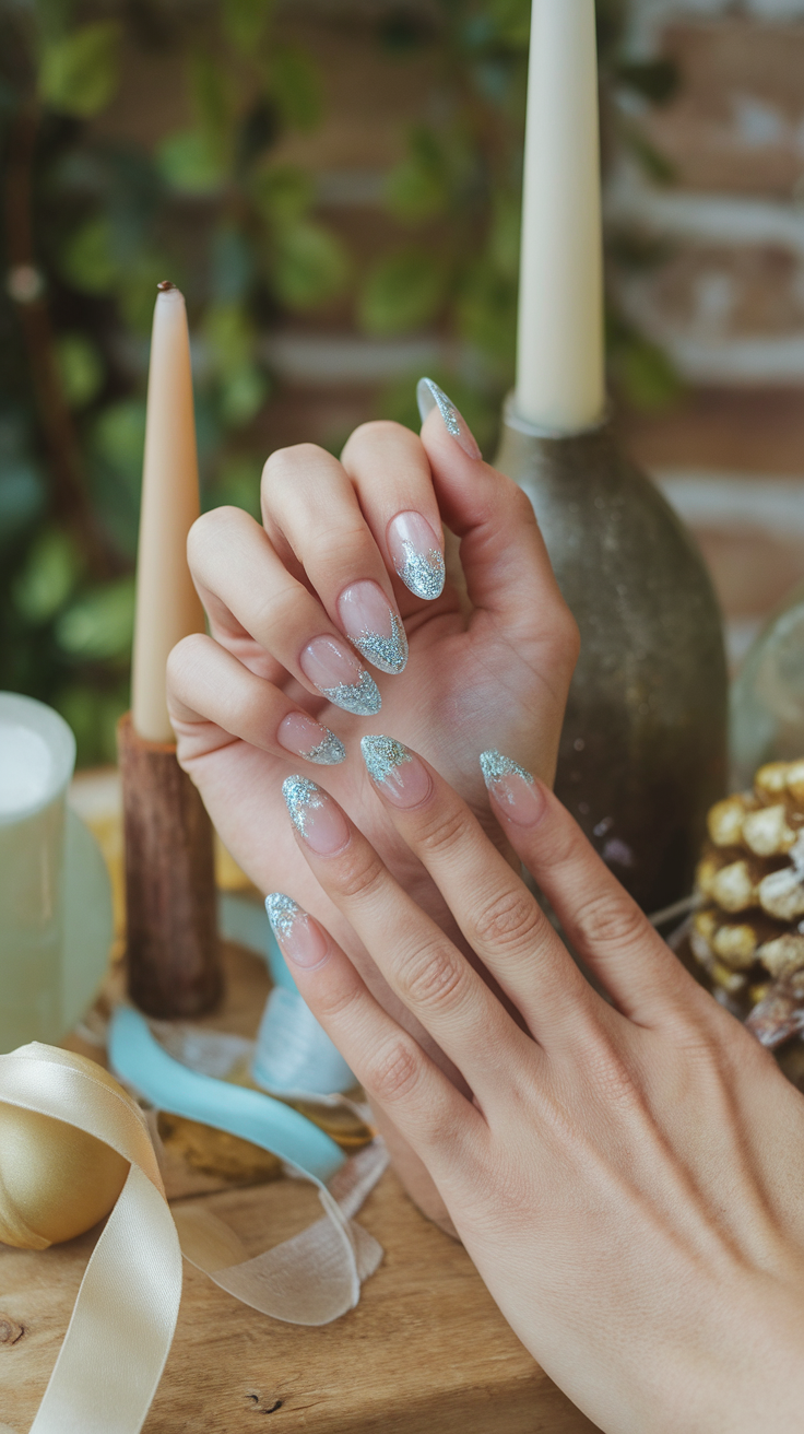 A close-up of hands with frosted French tip nails, featuring a blend of glitter and pastel colors, surrounded by winter-themed decorations.