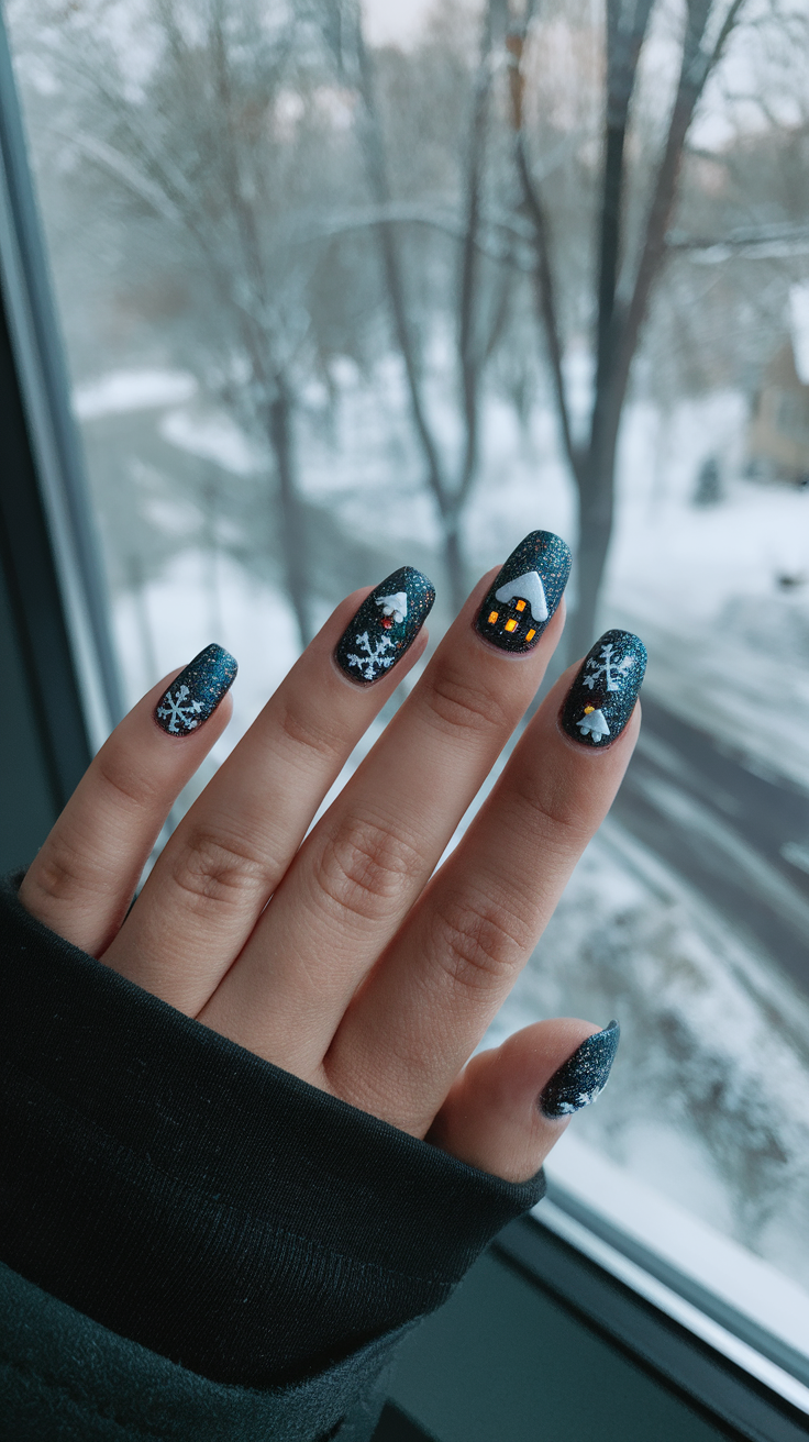 Hand with glittery winter nails featuring snowflakes and a cozy design