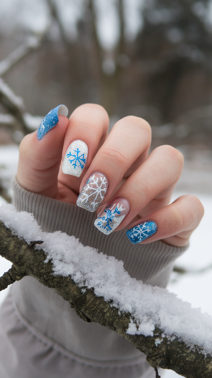 Glittery winter nails featuring snowflake designs and shades of blue