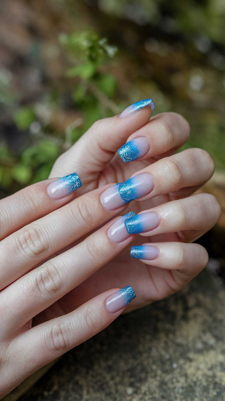 Hands with icy ombre nails featuring a blue gradient and glittery tips