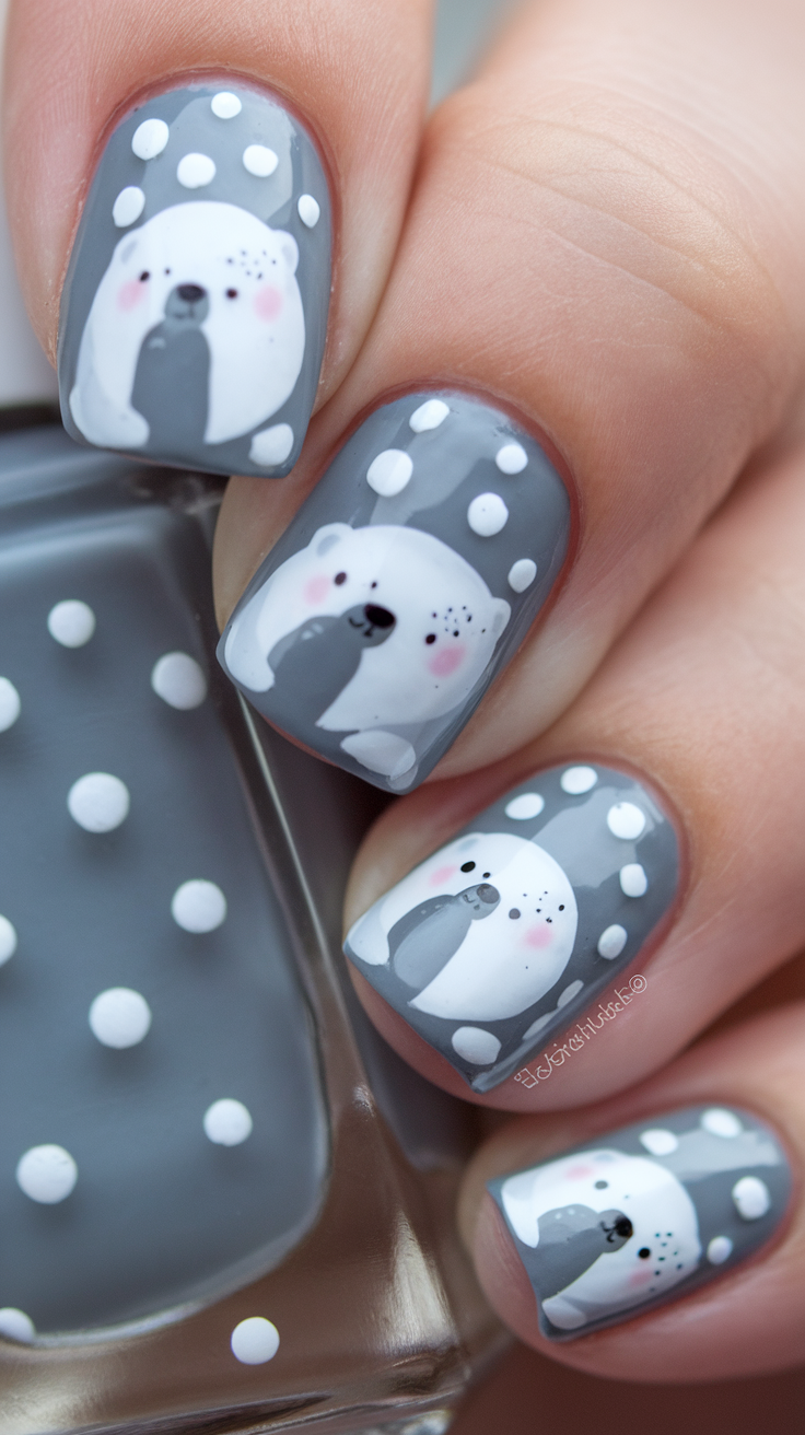 Nail art featuring polar bears and snowflakes on a gray background