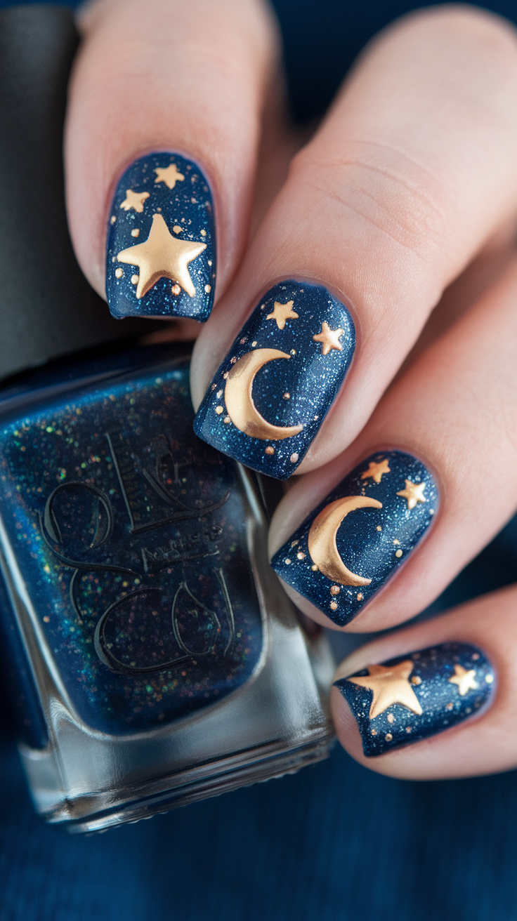 Nail design featuring a deep blue base with stars and moons.