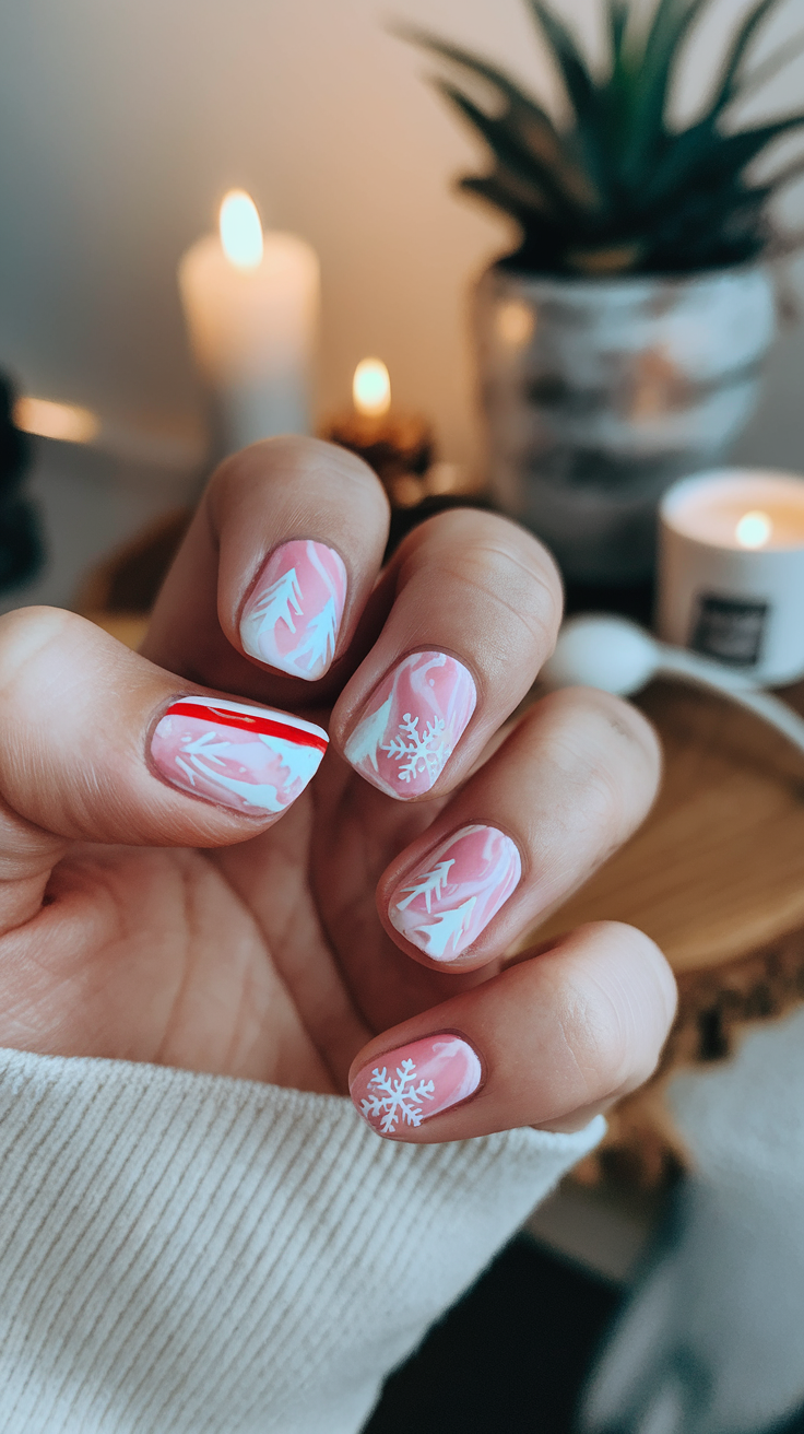 A close-up of winter-themed nails with pink and white designs, featuring snowflakes and trees.