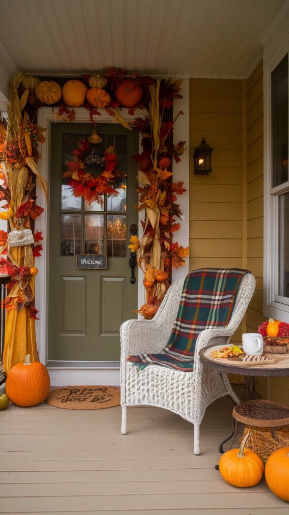 a fall front porch with a green door framed by a garland of faux leaves, pumpkins, and dried corn, next to a white wicker chair draped with a plaid blanket