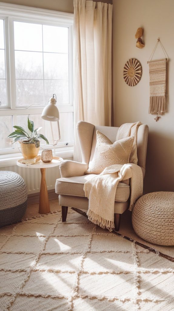 a cozy reading nook with an armchair, side table, and boho decor