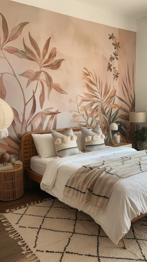 a soft-toned botanical wall mural behind the bed, with boho textiles and wood accents