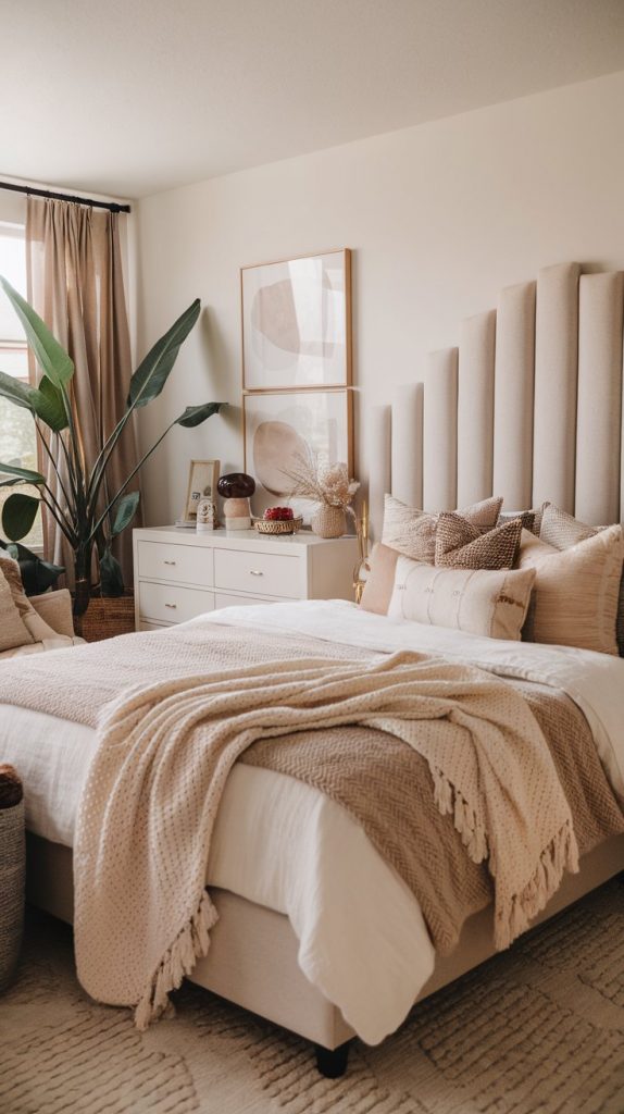 a boho bedroom with a neutral upholstered headboard, soft-toned bedding