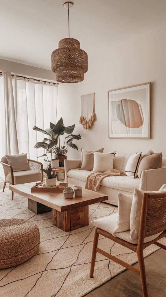 a boho living room with clean open layout, soft earthy furnishings and ample negative space