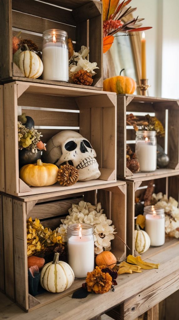 stacked antique crates filled with gourds, skulls, and dried blooms, candles in glass jars
