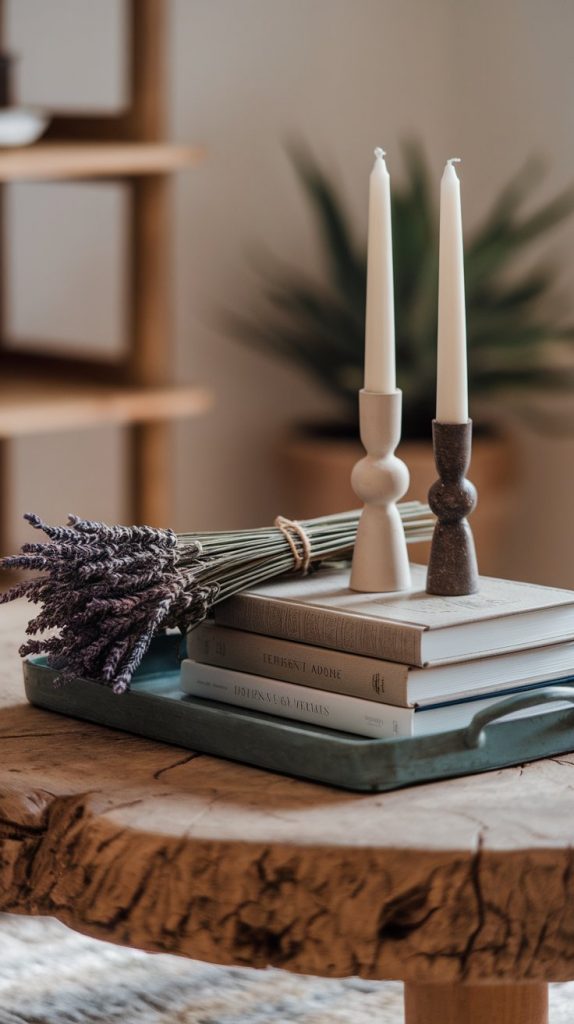 a coffee table styled with a tray, books, dried florals, and candle holders