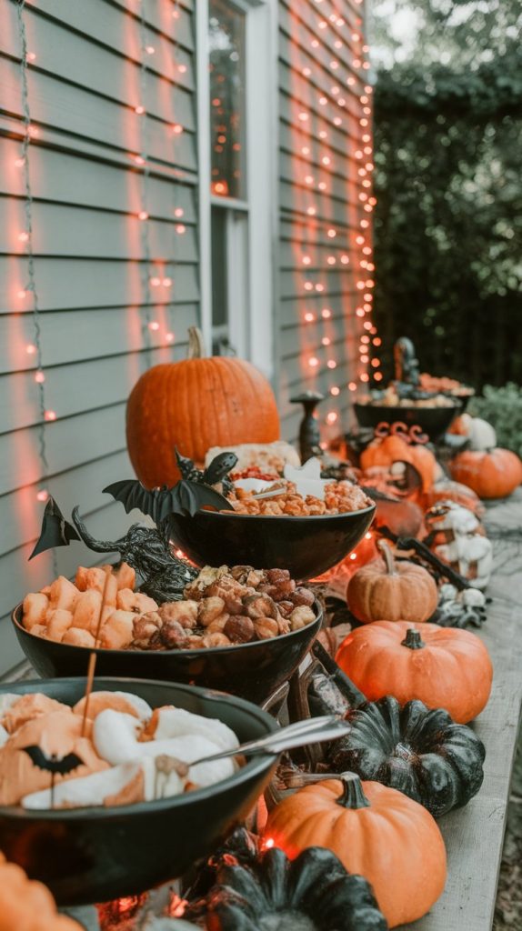 a Halloween buffet table set against a house wall with orange string lights, black bowls filled with comfort food, pumpkins and creepy decor