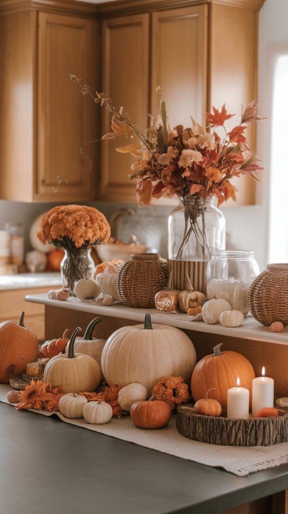 kitchen island view with a full fall display: layered pumpkins, vases, jars, baskets, flowers