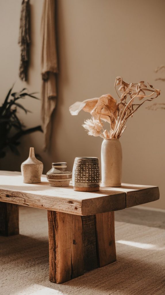 a rustic wooden coffee table with ceramics and dried florals, soft natural lighting