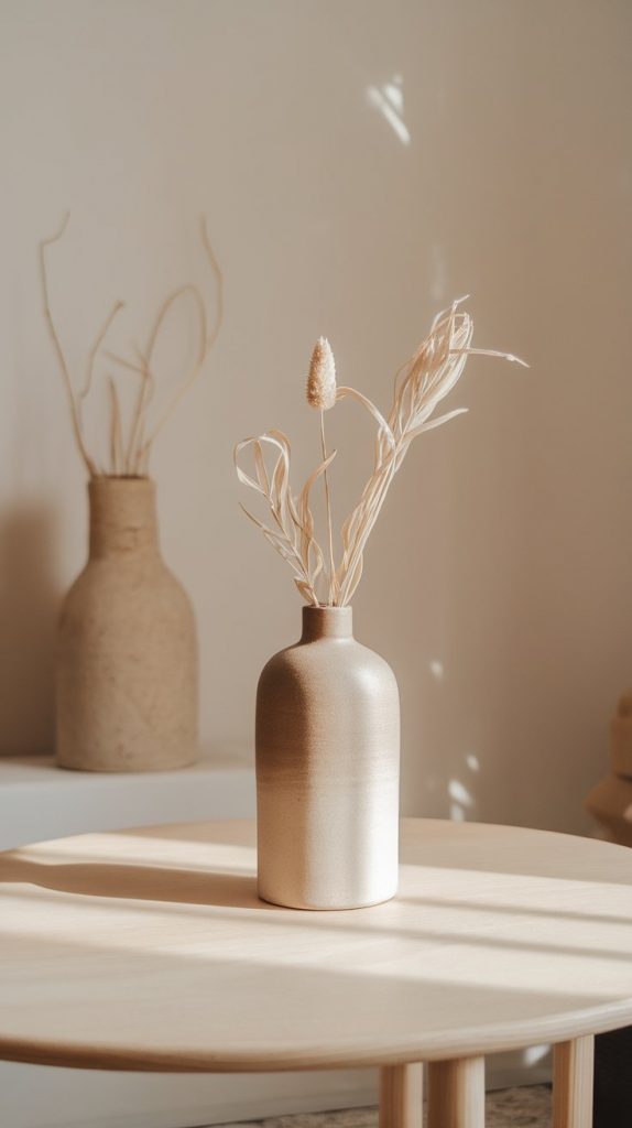 a single tall ceramic vase with a soft matte finish, placed alone on a light wooden coffee table