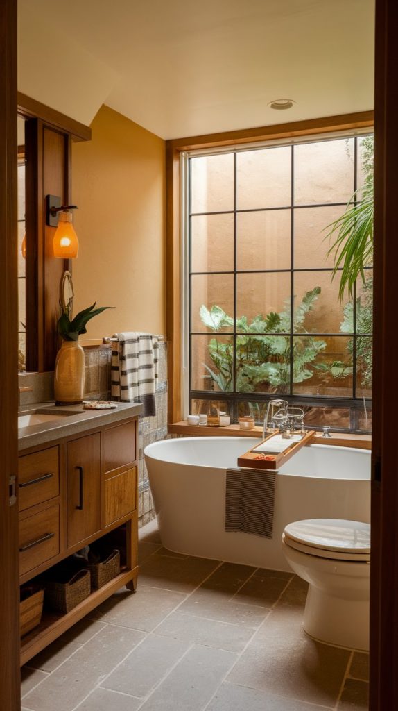 bathroom with large window looking out to a private green courtyard