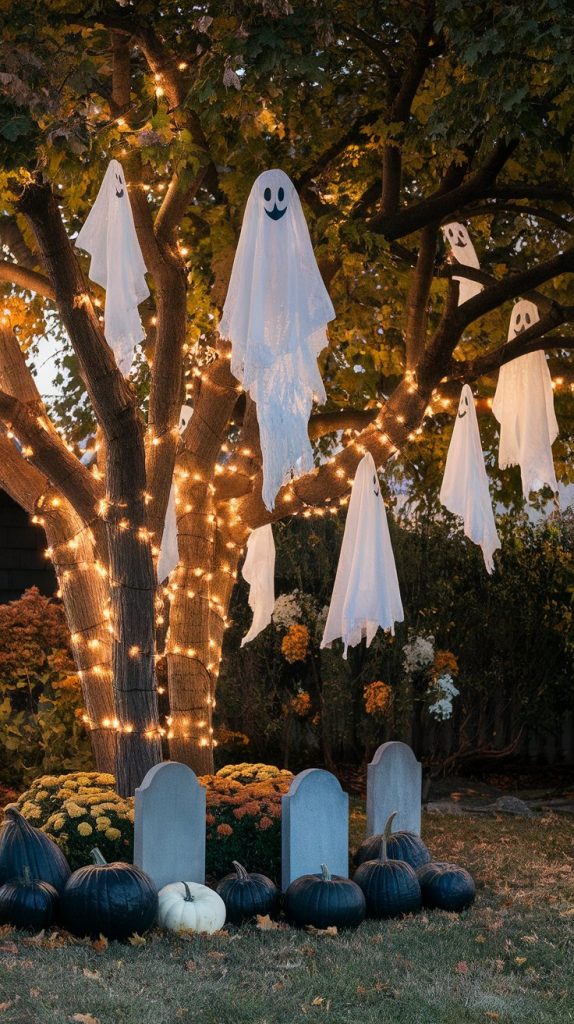 a tree draped with floating white fabric ghosts, warm fairy lights on tree trunks, black pumpkins and tombstones underneath