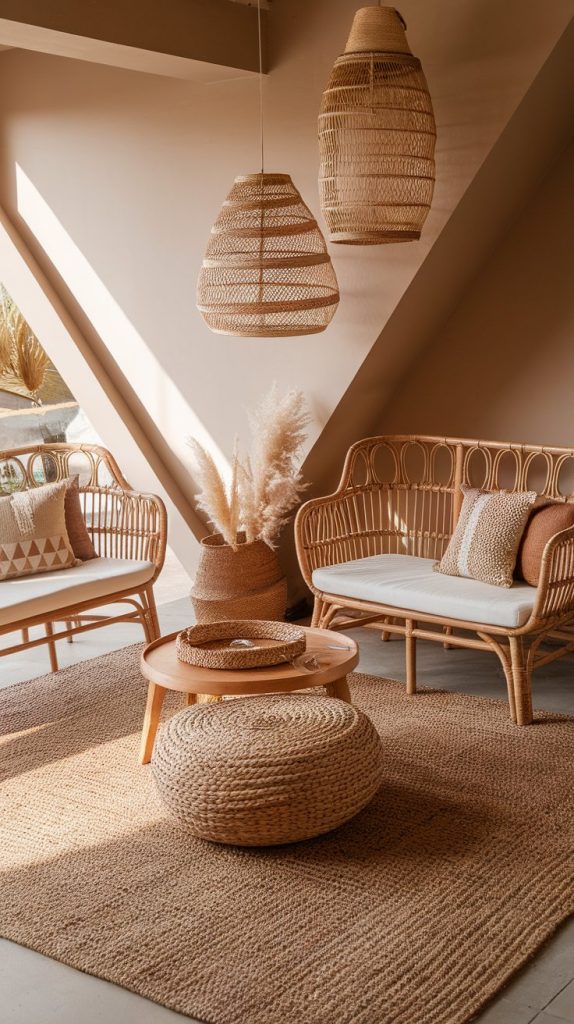 angled room layout featuring rattan furniture, jute rug, and woven decor, with soft natural lighting and earthy tones