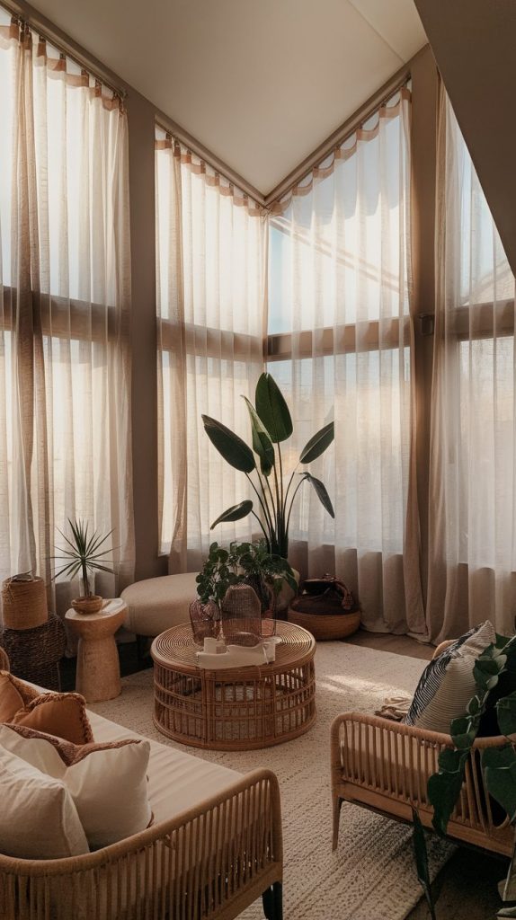 large windows draped in sheer curtains, earthy boho furnishings and plants