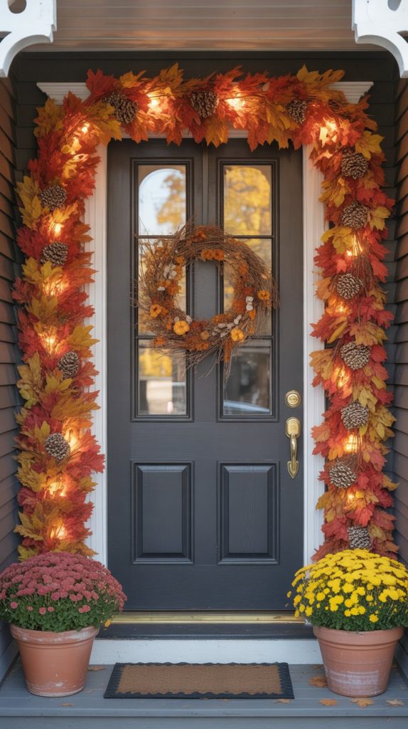 front porch shot with rich autumn garland framing the door, matching terracotta planters, and fall wreath