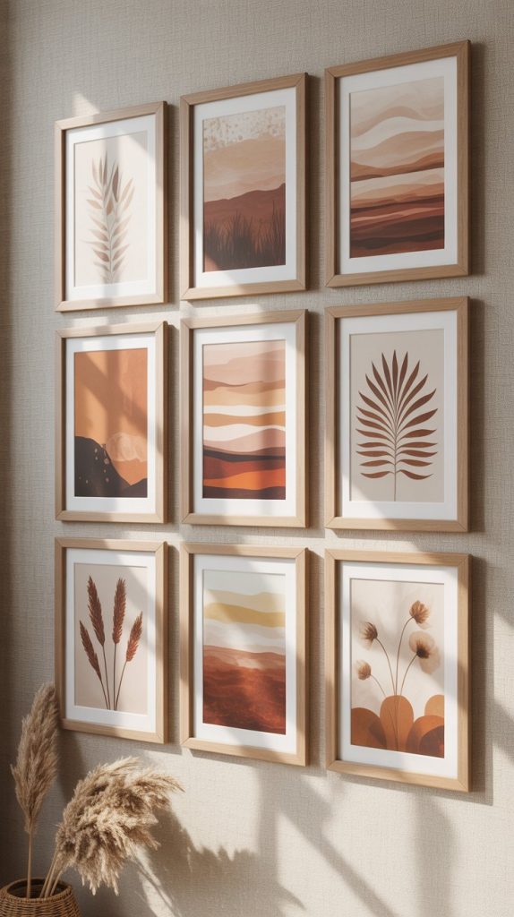 a boho gallery wall with earthy-toned prints in natural wood frames