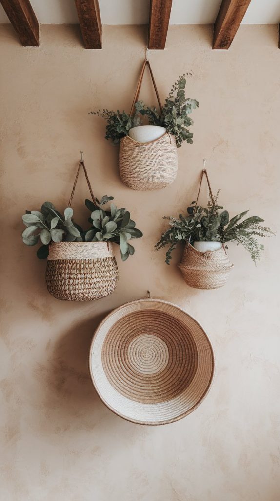 hanging woven baskets in boho arrangement, soft light and plaster-textured wall