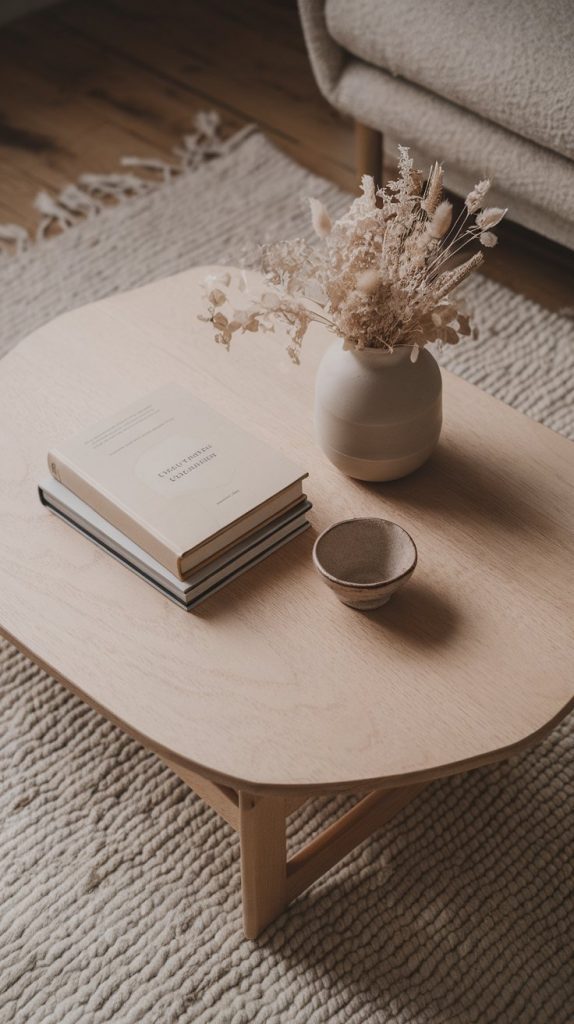 a light wood coffee table styled with three carefully chosen decor items: a soft-toned stack of two hardcover books, a matte ceramic vase with neutral dried florals, and a small handmade bowl