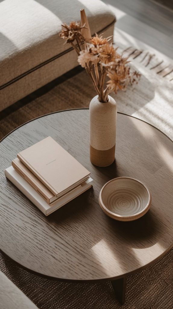 a light wood oval coffee table styled with three minimal objects: a stack of two beige hardcover books with no visible text, a tall matte ceramic vase holding dried neutral-toned florals, and a small handmade bowl with natural texture