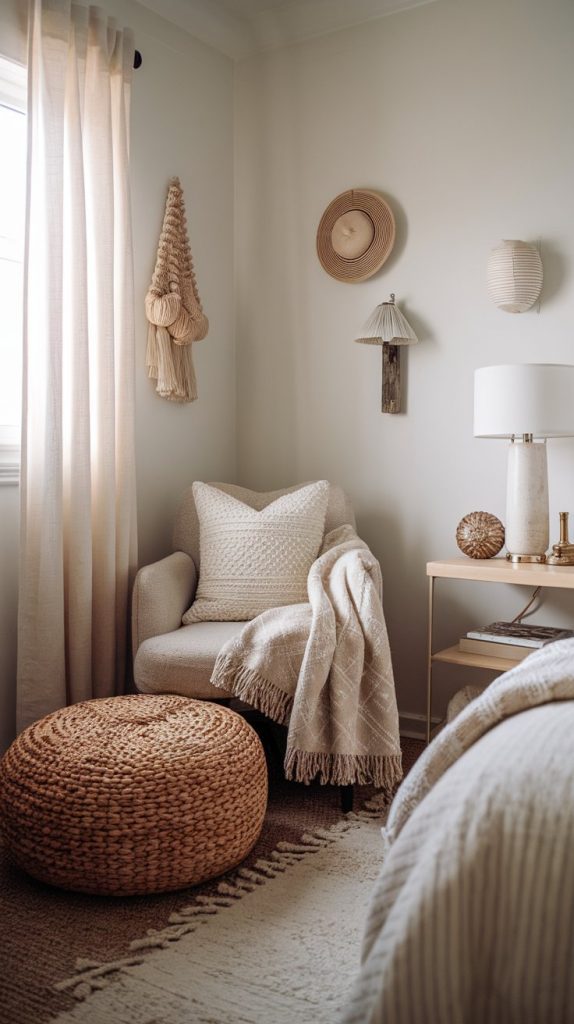 a bedroom corner with a woven pouf, cozy blanket, and nearby chair