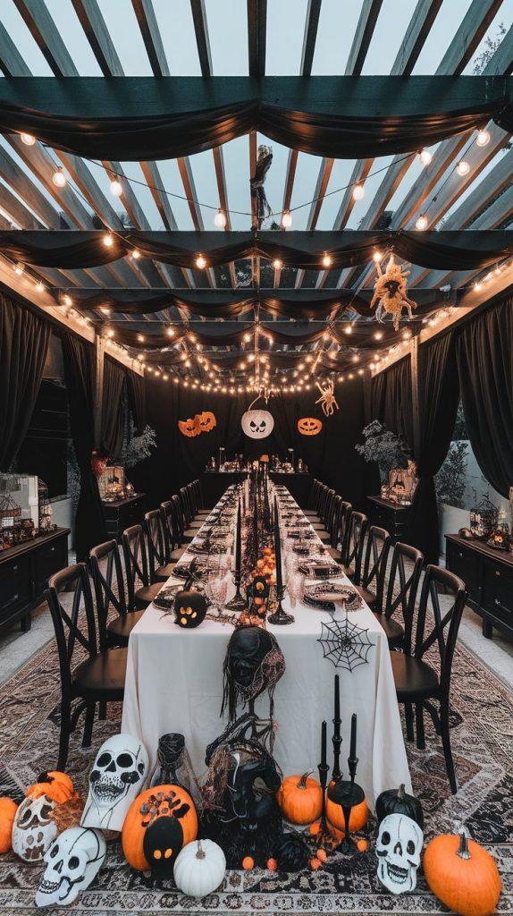 a Halloween dinner party under a pergola with string lights, black drapes, central table, and spooky hanging decorations