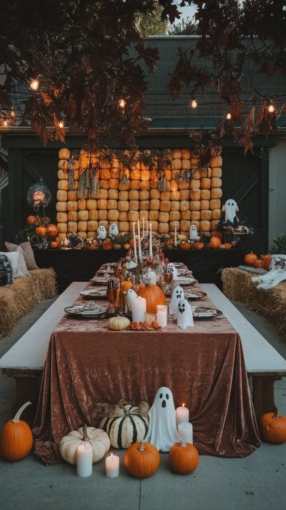 a Halloween driveway party setup with velvet-covered banquet tables, a glowing stacked pumpkin wall backdrop