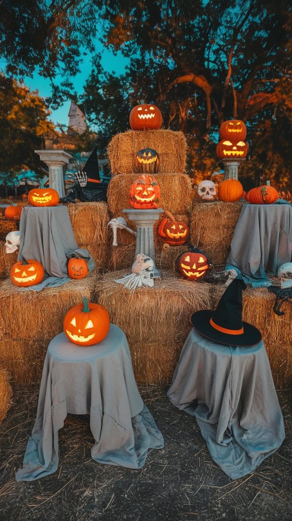 Halloween pedestal pumpkins on hay bales and draped stools, with witch hats and creepy props