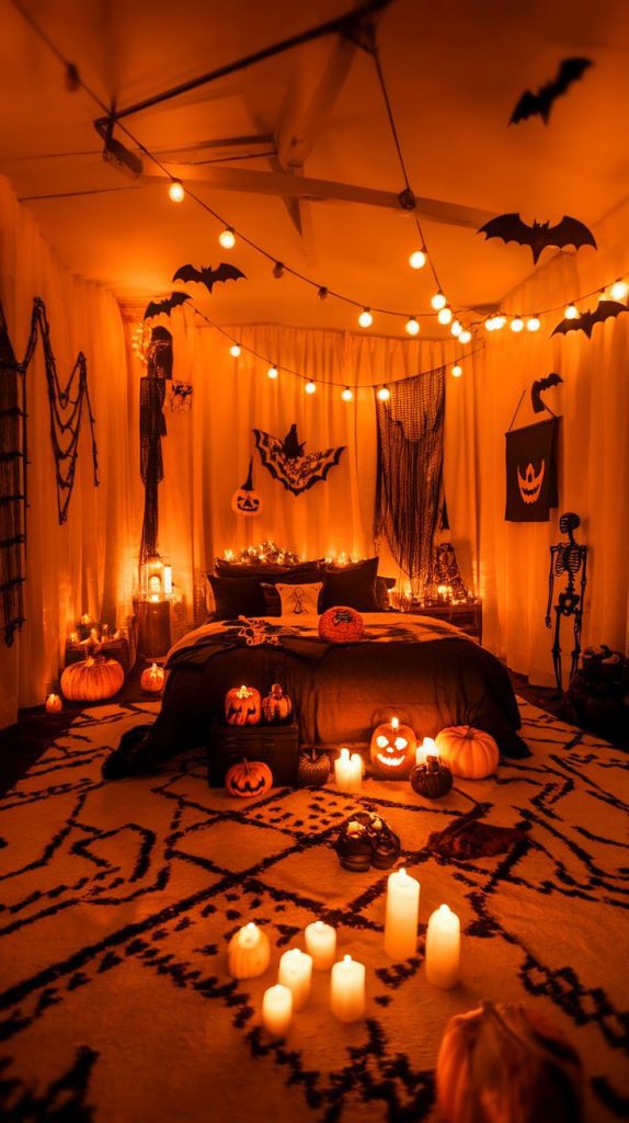 a cozy Halloween-themed bedroom with amber glow, dark linens, string lights, and candle accents