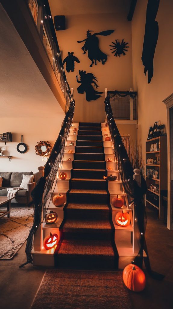 a staircase with black gauze, fairy lights, glowing pumpkins, and shadowy Halloween silhouettes on the wall