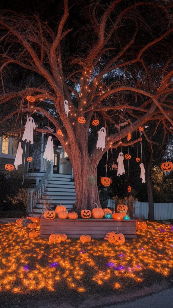 a leafless Halloween tree decorated with hanging props