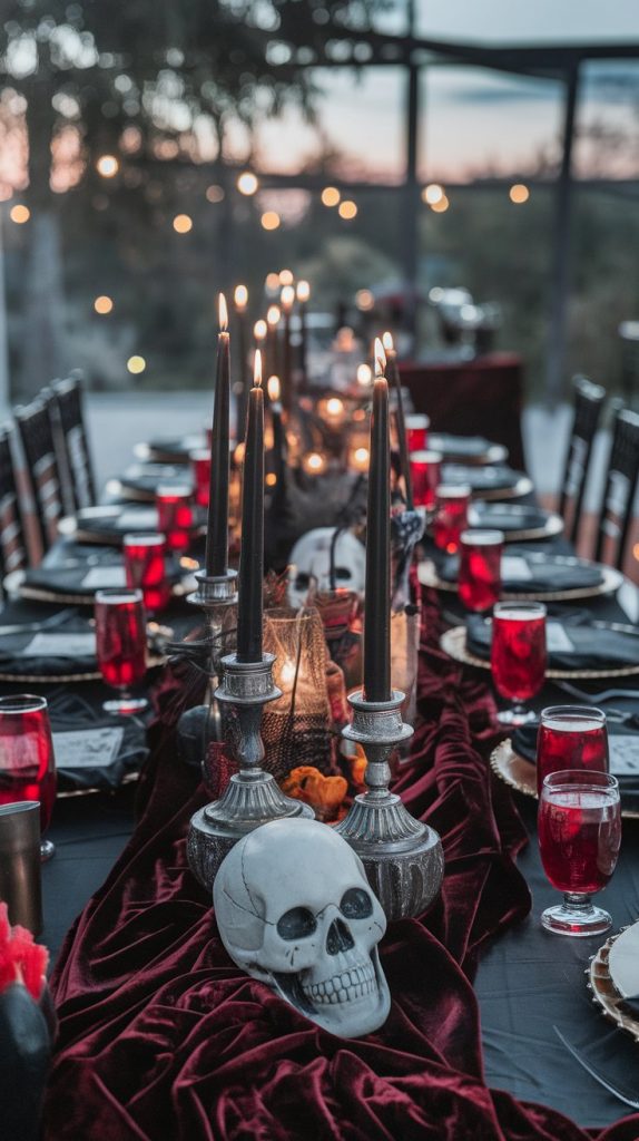 a Halloween dining table with dark velvet tablecloths, gothic candleholders, red drinks, and creepy centerpieces
