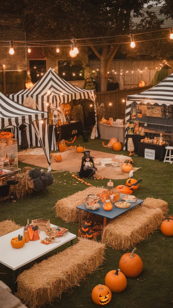 a backyard Halloween carnival with striped tents, hay bales, game booths, snack tables