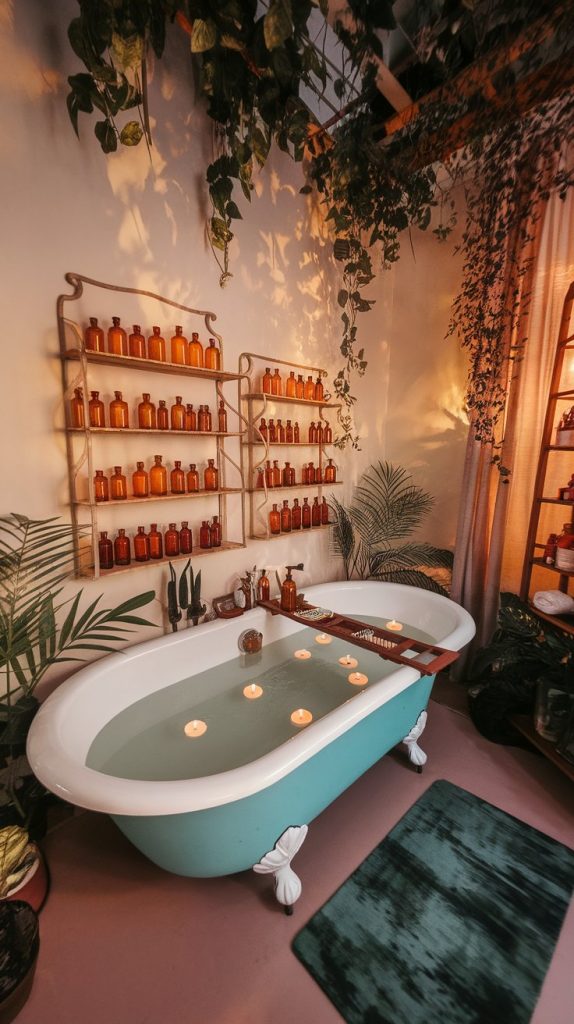 bathroom view with pastel clawfoot tub, vintage apothecary shelves filled with amber glass bottles, botanical decor