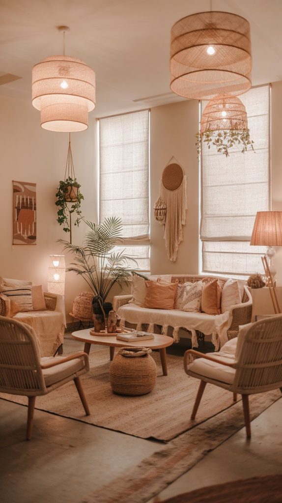 a boho living room with soft lamp lighting, linen and rattan shades