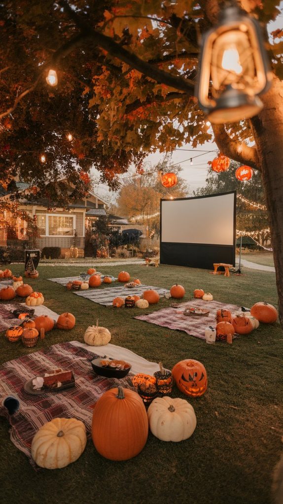 a Halloween outdoor movie night with picnic blankets, pumpkins, projector screen