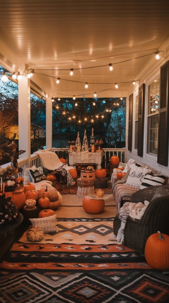 a Halloween party lounge setup with layered rugs, cozy seating, hanging lights, pumpkins, and styled treat station