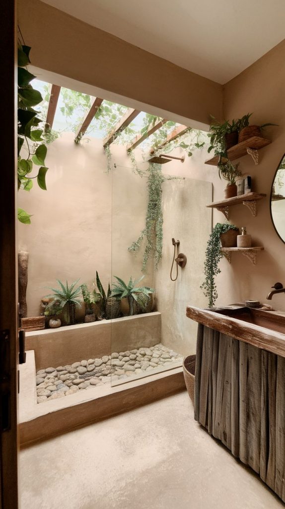 earthy boho bathroom with built-in stone garden feature, open walk-in shower