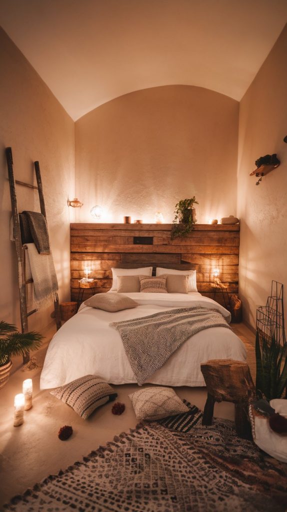 a bedroom at dusk with glowing ambient light from table lamps and sconces