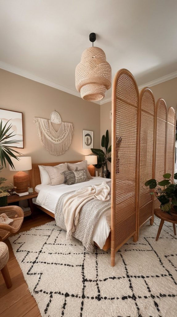a boho bedroom with a woven rattan room divider beside the bed