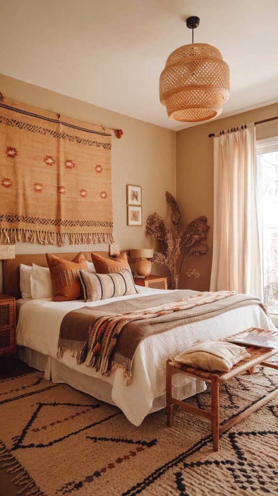 a boho bedroom with global textiles, warm neutral walls, weathered wood furniture