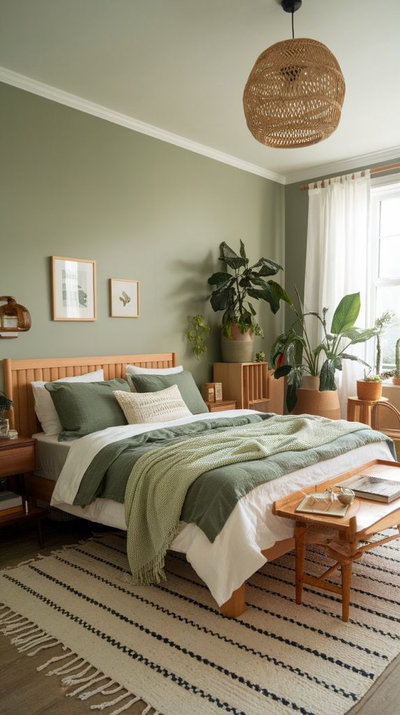 a dresser with framed art casually leaned against the wall, surrounded by cozy boho elements