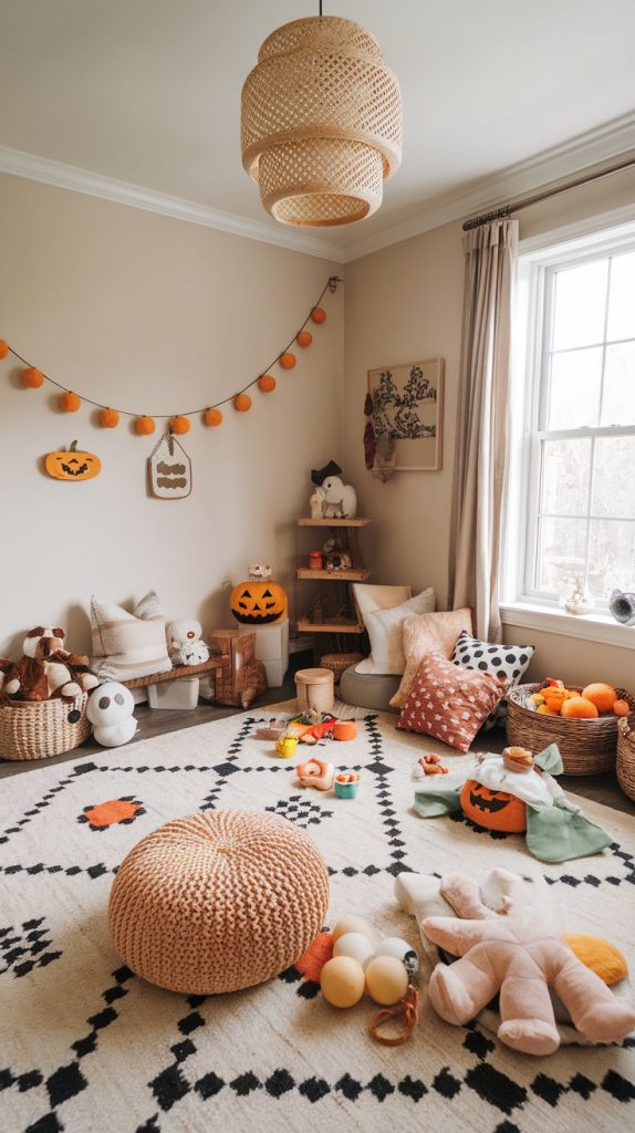 a children’s playroom with natural toy storage, Halloween garlands, soft pillows and plush toys