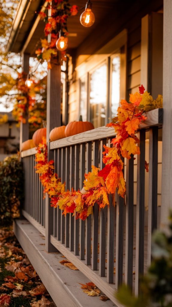 front porch railing with fall leaf garland, hanging lights, pumpkins at base, and natural textures like wood and twine
