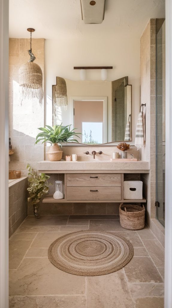 full bathroom with beige stone tile flooring, floating wood vanity, frameless mirror, and boho accents